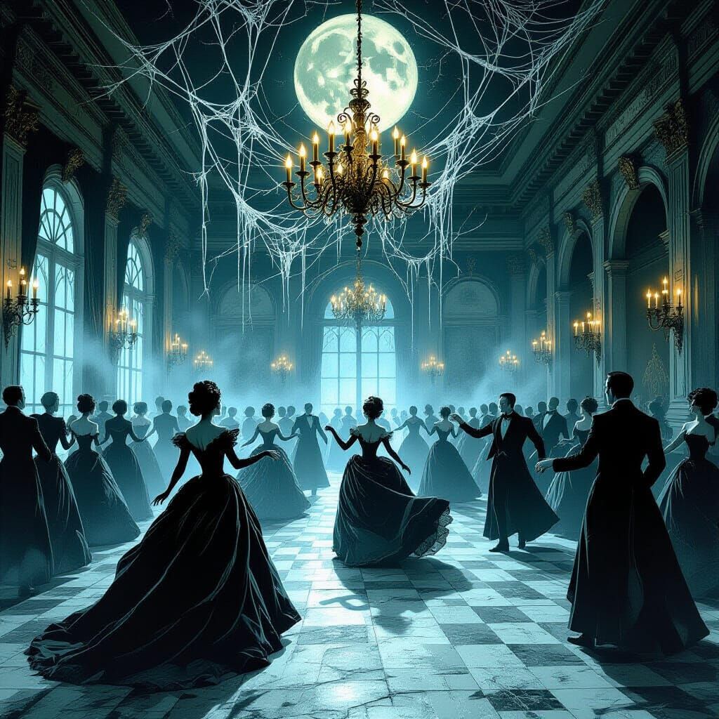 Ethereal Figures Dance in a Haunted Gothic Ballroom