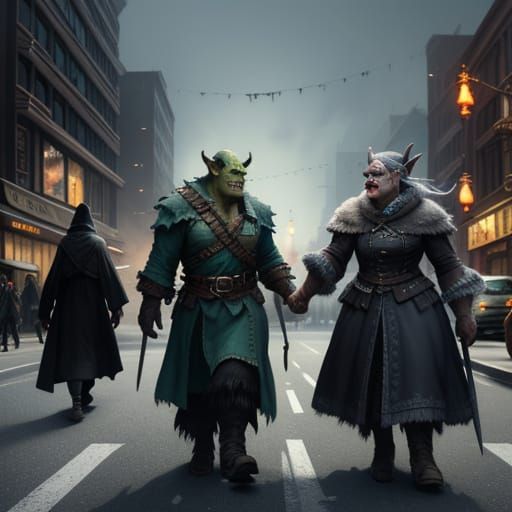 Orc Hero Assists Elderly Woman Crossing Street in Whimsical ...