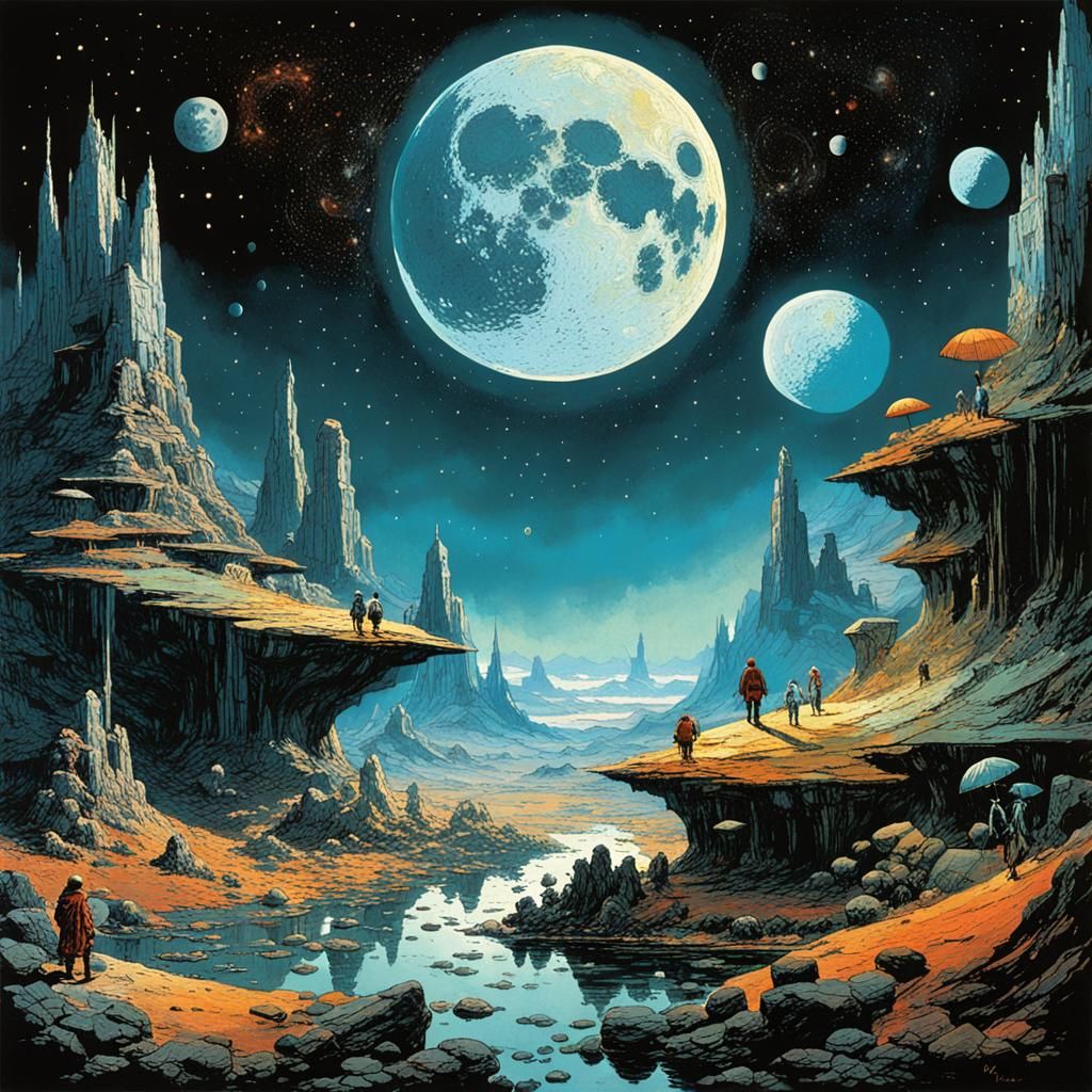 Alien Moonscape Art, Vintage Poster Style