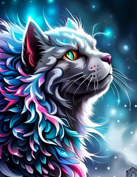 Cyberpunk Winter Cat with Ice Feathers in Origami Style