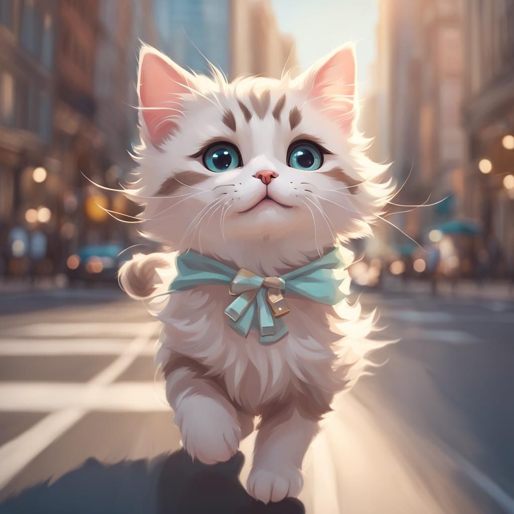 Whimsical Chibi Cat Skipping Down a Sunny Street
