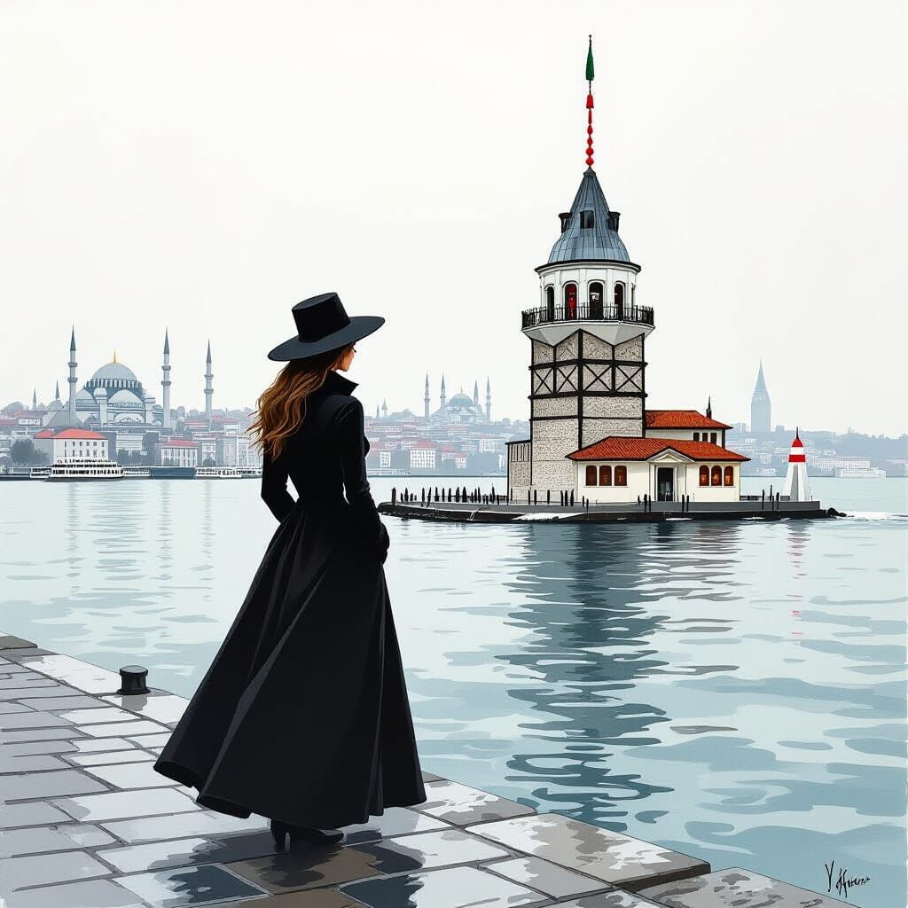 Bosphorus Maiden Tower: Minimalist Pencil Sketch