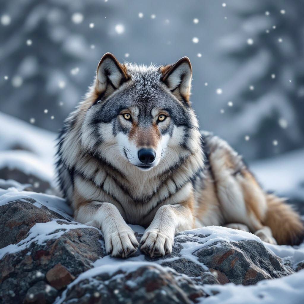 Fluffy Grey Wolf in Winter Landscape