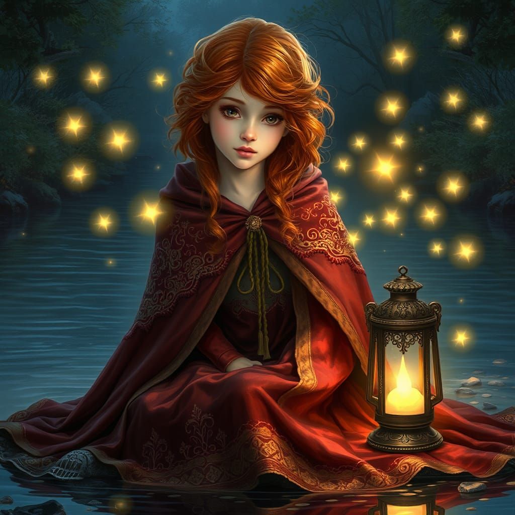 Girl Releases Glowing Stars on River in Dreamlike Scene