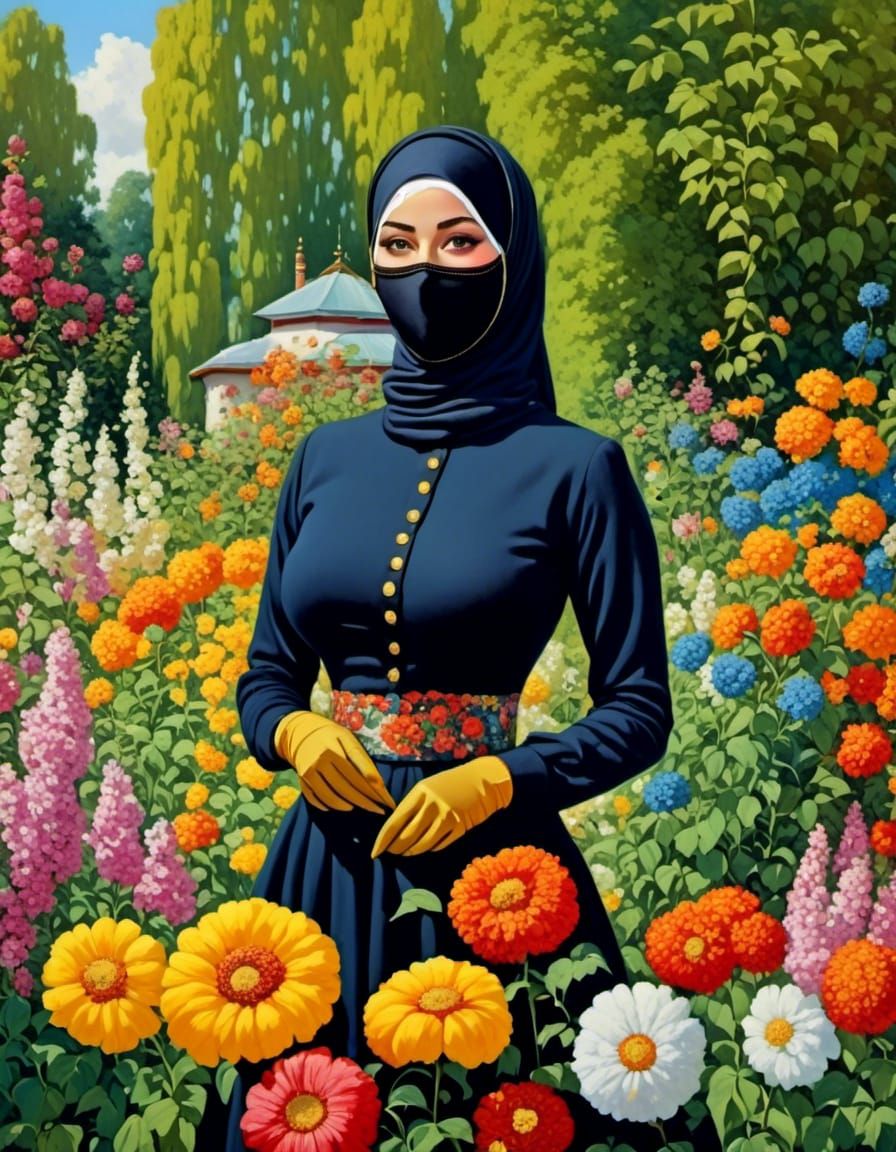 Smiling Hijabi Woman in Garden Painting