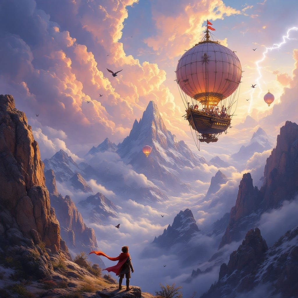 Majestic Airship Soars Above Cloudy Mountains in Vibrant Oil...