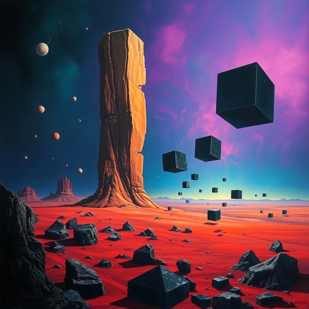 Surrealistic Alien World with Shiny Cubes and Dark Skies