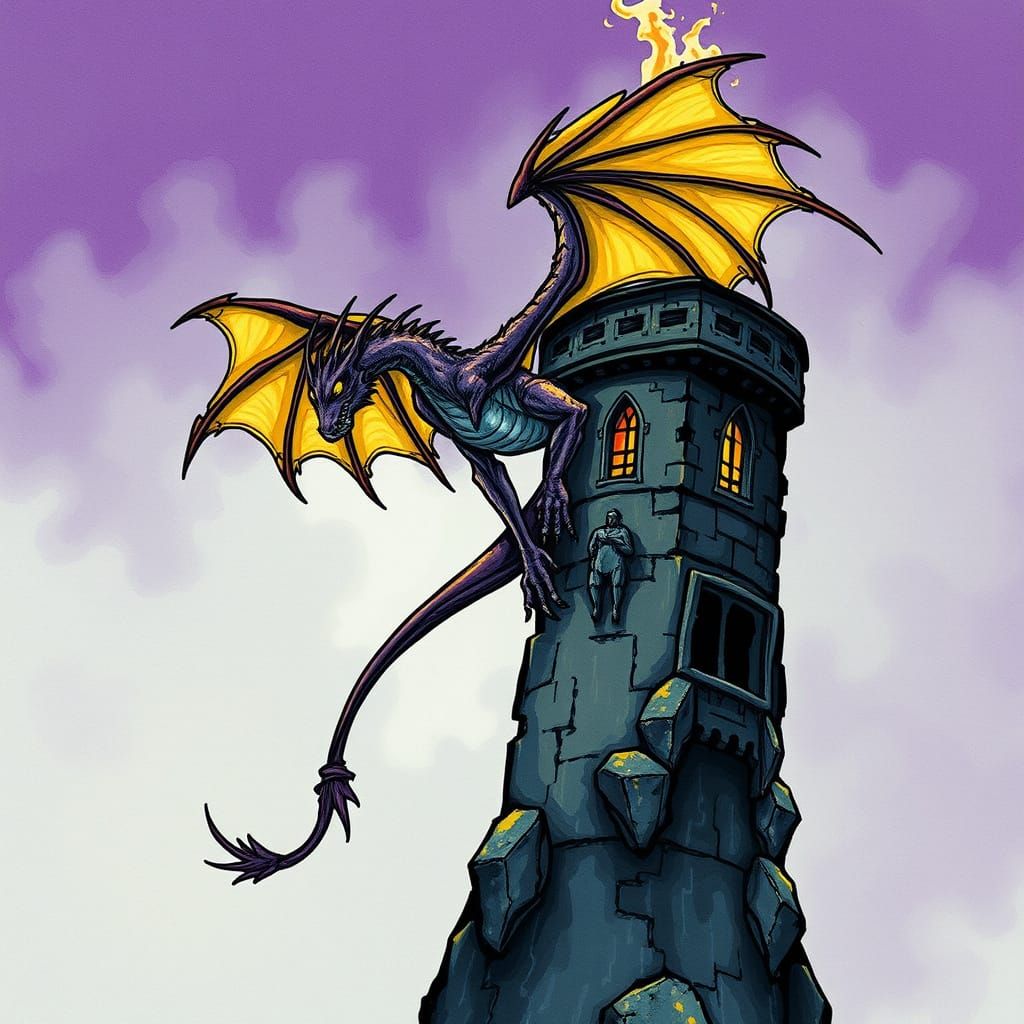 Wyvern Perched on Tower in Alcohol Ink Style