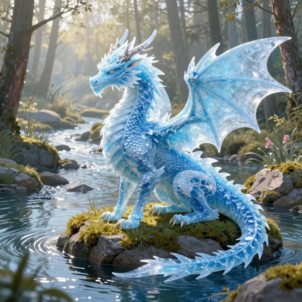 Majestic Ice Dragon Over Mossy River, Realistic Fantasy Art
