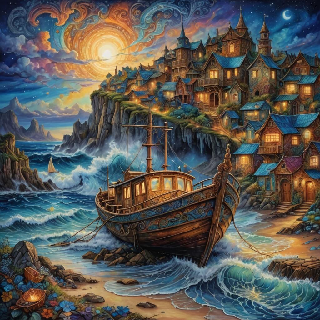 Fantasy Seashore with Abandoned Boat in Zentangle Sky