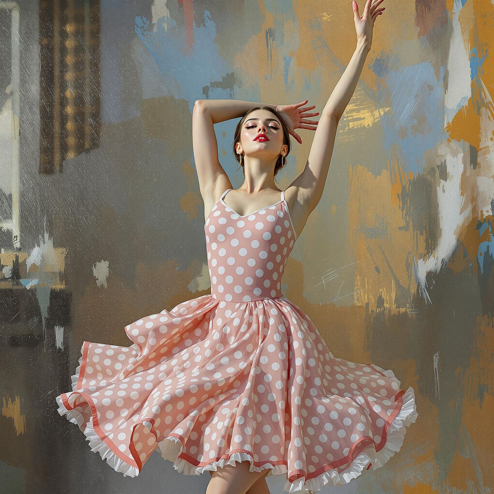 Vibrant Dancer in Polka Dot Dress, Rococo-Inspired Portrait