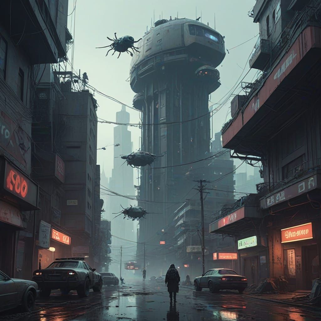 Dystopian Cityscape with Giant Skyscrapers and Flying Vehicl...