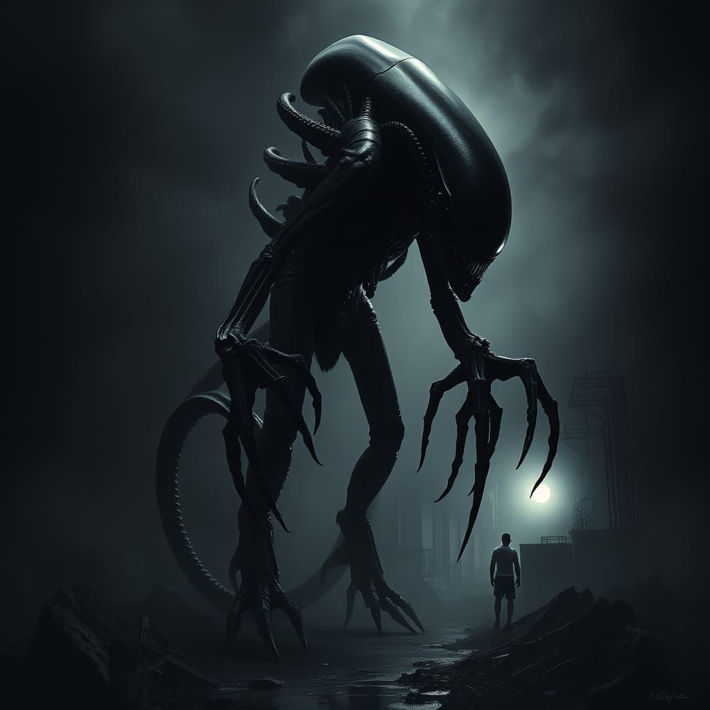 Dark Alien Xenomorph Emerge from Shadows in Industrial Lands...