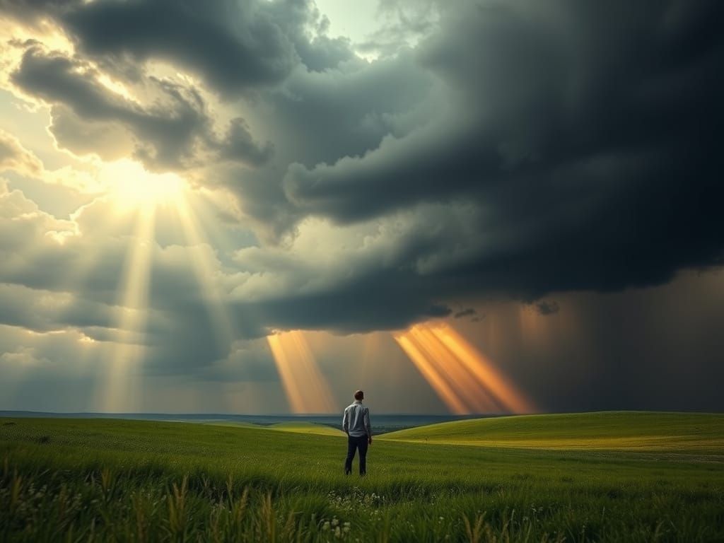 Stormy Landscape with a Lone Figure Under Cinematic Lighting