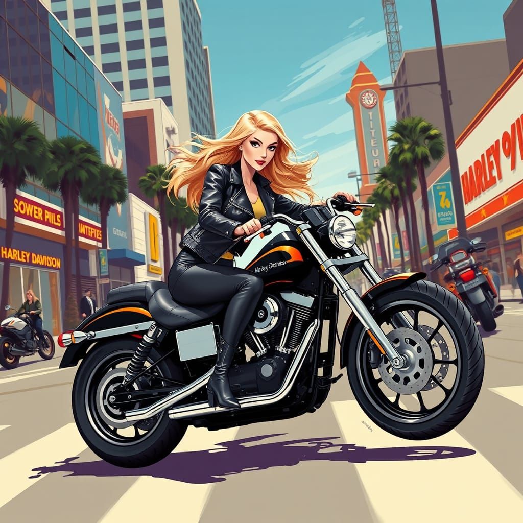 Confident Blonde Rider on Harley Davidson Dyna