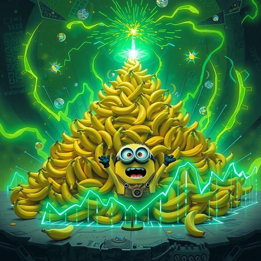 Mischievous Minion Surrounded by Bananas in a Neon Explosion