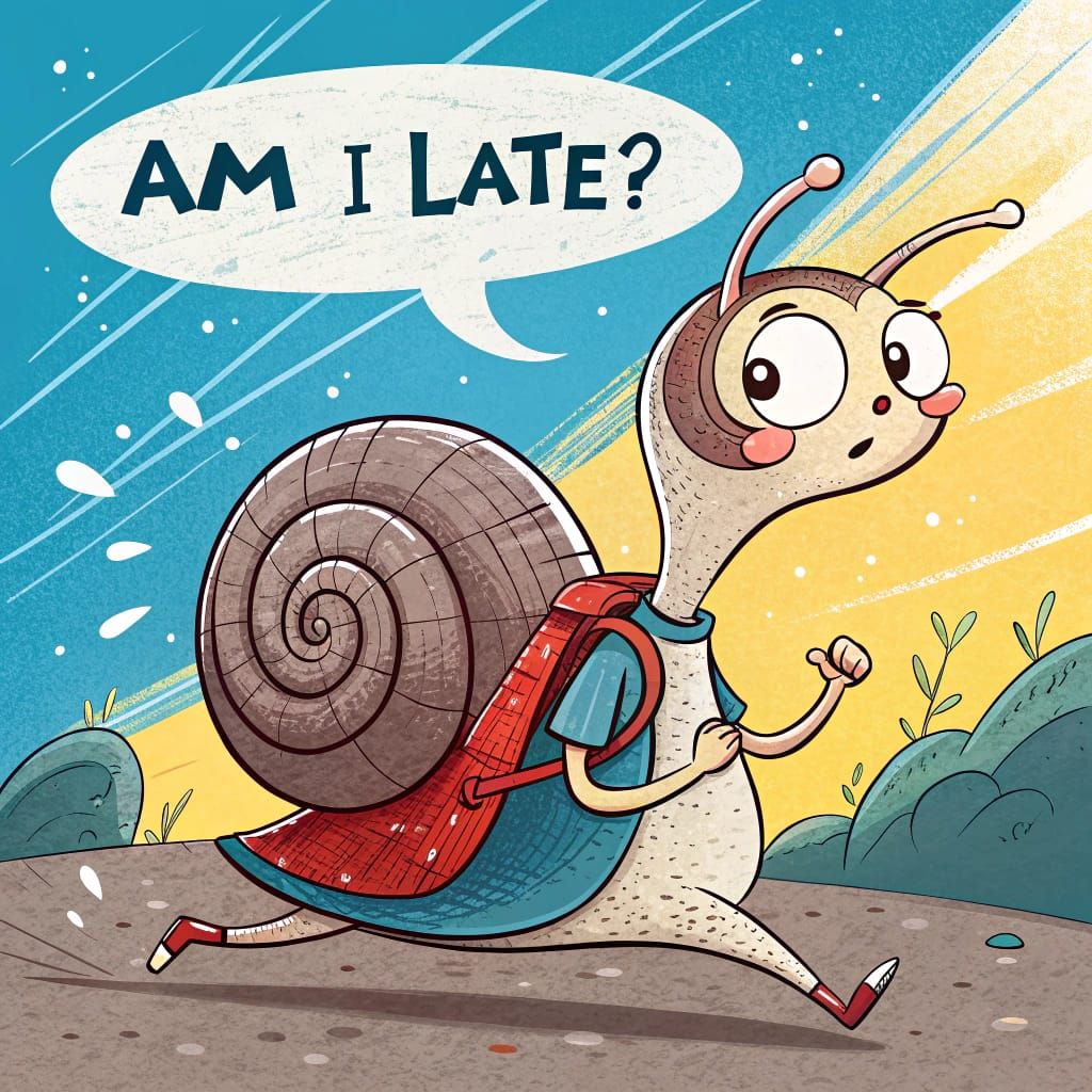 Cartoon Snail Running Late in Children's Book Style