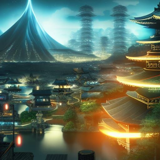 Futuristic Japanese Village in Tron Legacy Style