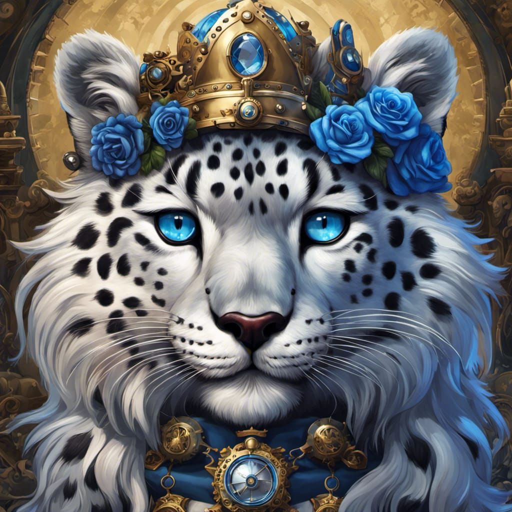 Steampunk Snow Leopard King in Intricate Royal Military Atti...