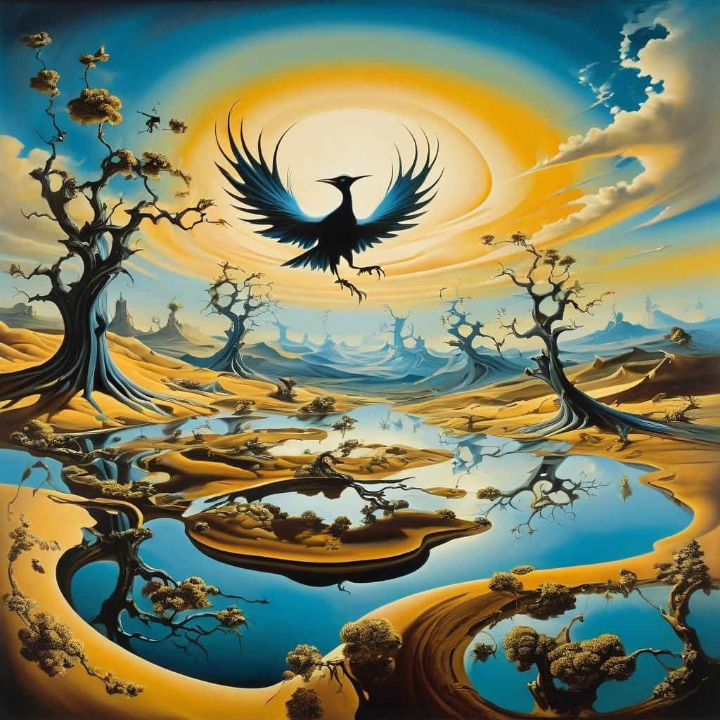 Surreal Landscape with Elastic Flora and Vortex Eye