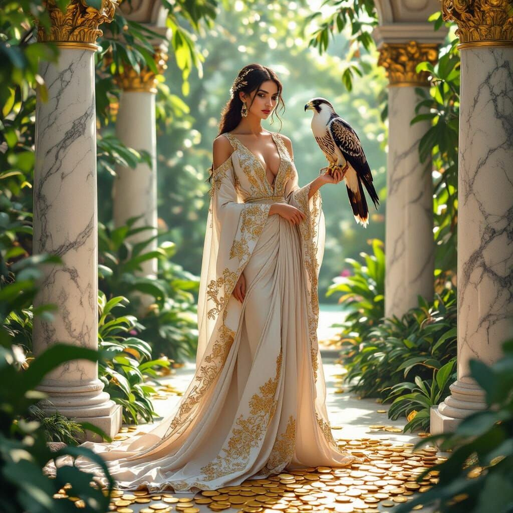 Elegant Woman in Garden with Falcon: Botanical Illustration