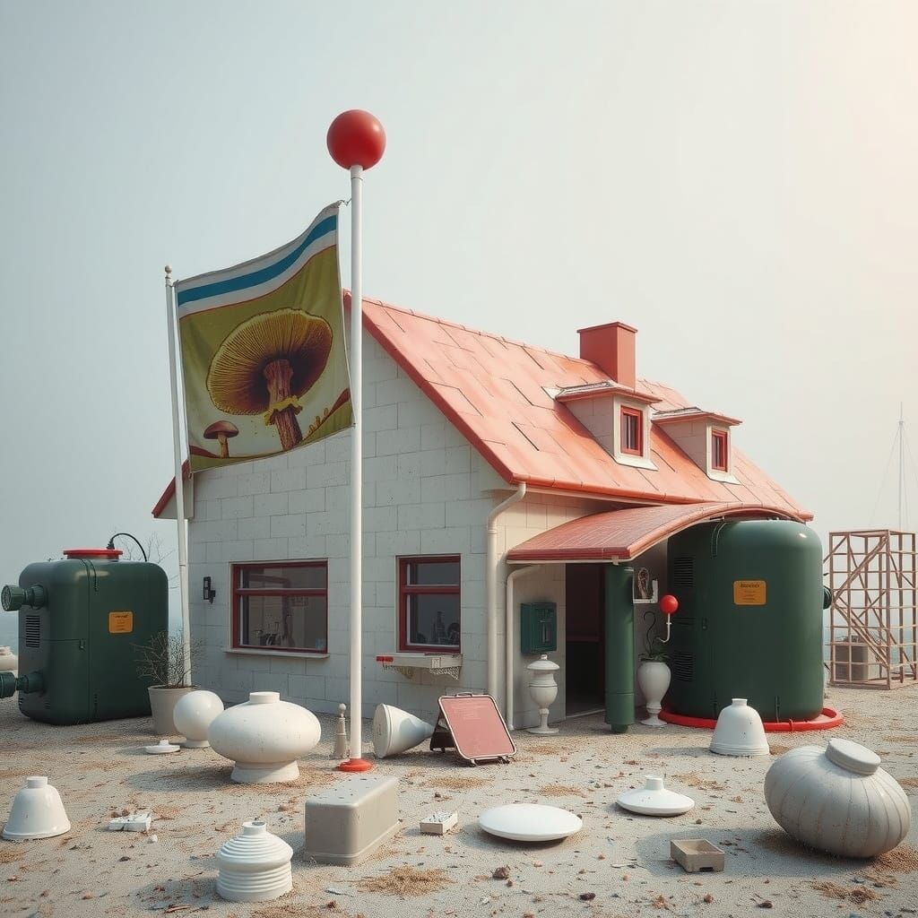 Surreal Chewing Gum Bungalow with Mushroom Flags