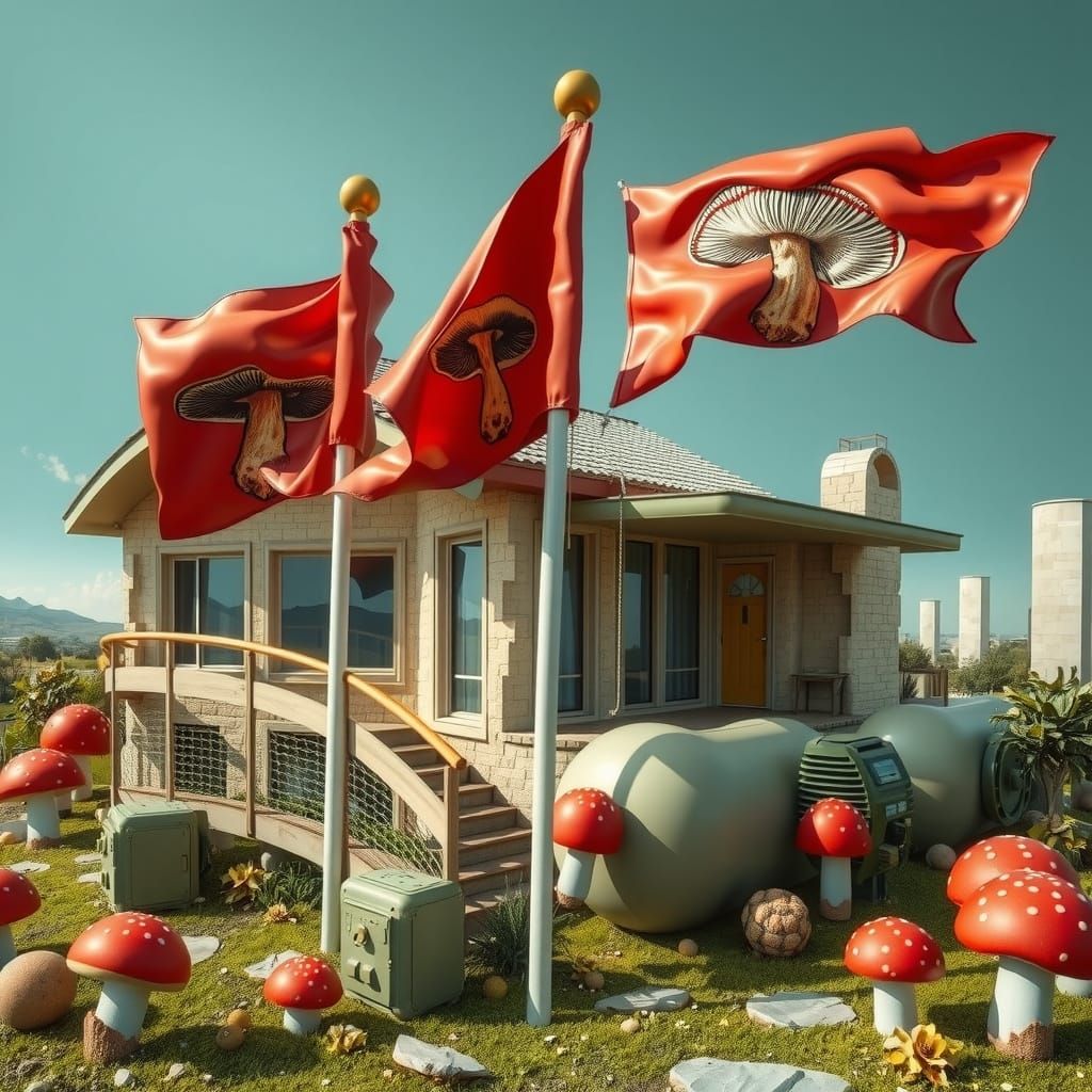 Hyperreal Mushroom Flags and Brutalist Bungalow