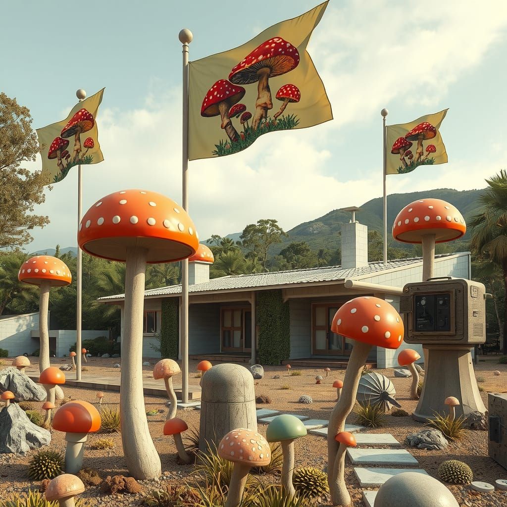 Surreal Mushroom Flags in Brutalist Landscape