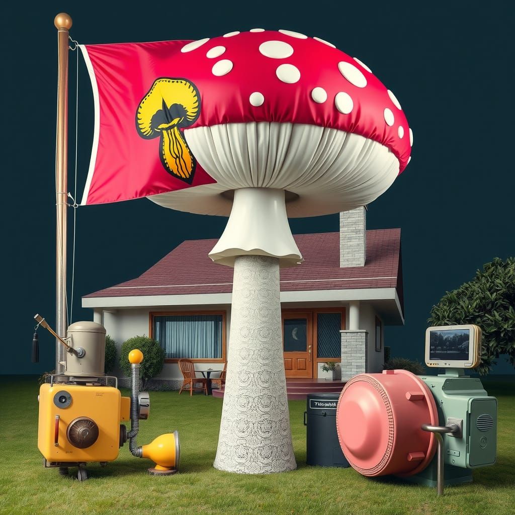 Hyperreal Mushroom Flag on Brutalist Gum Bungalow