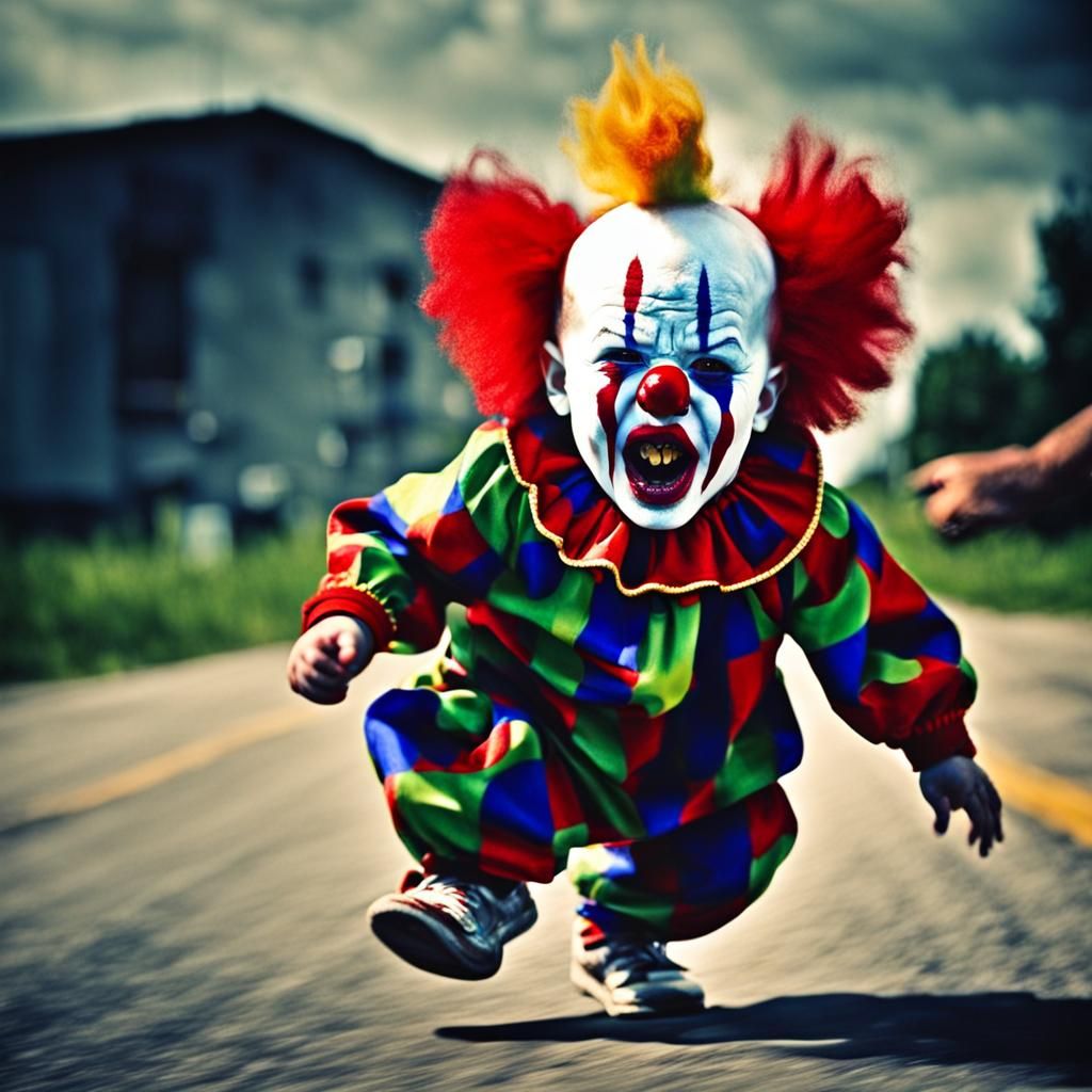 Evil Clown Baby Running and Screaming