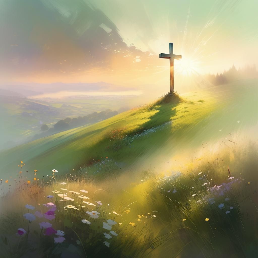 Cross on Hillside with Wildflowers and Sunrise