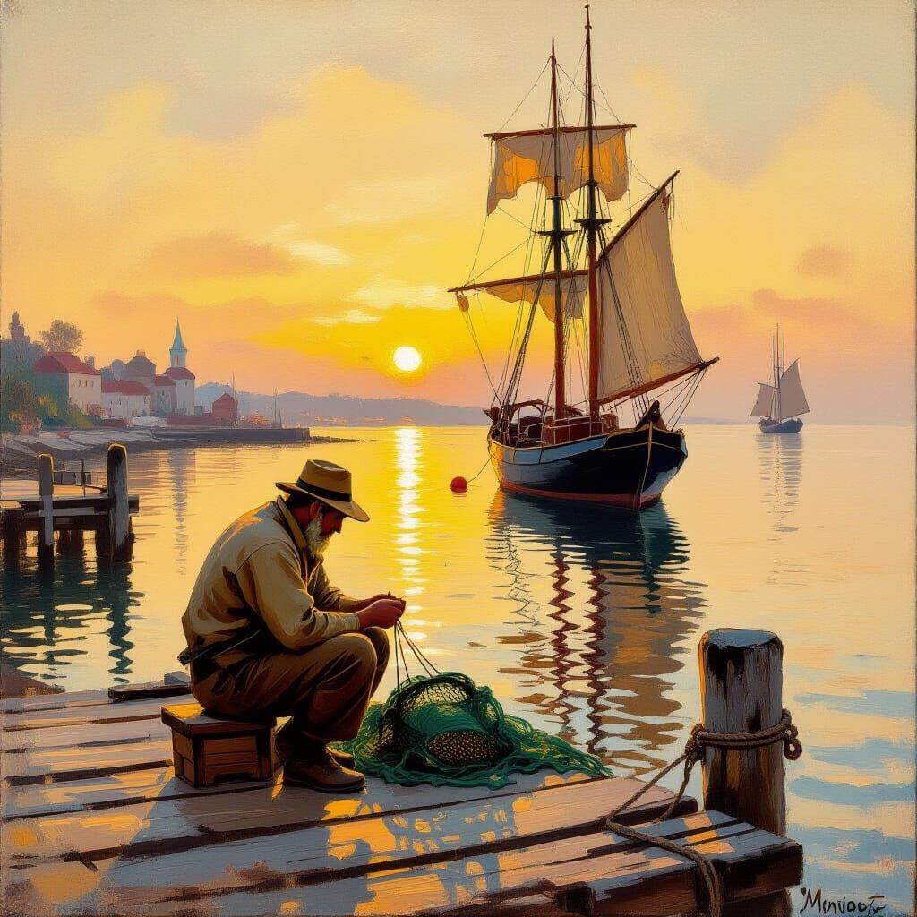Fisherman Mending Nets at Dawn: Impressionistic Oil