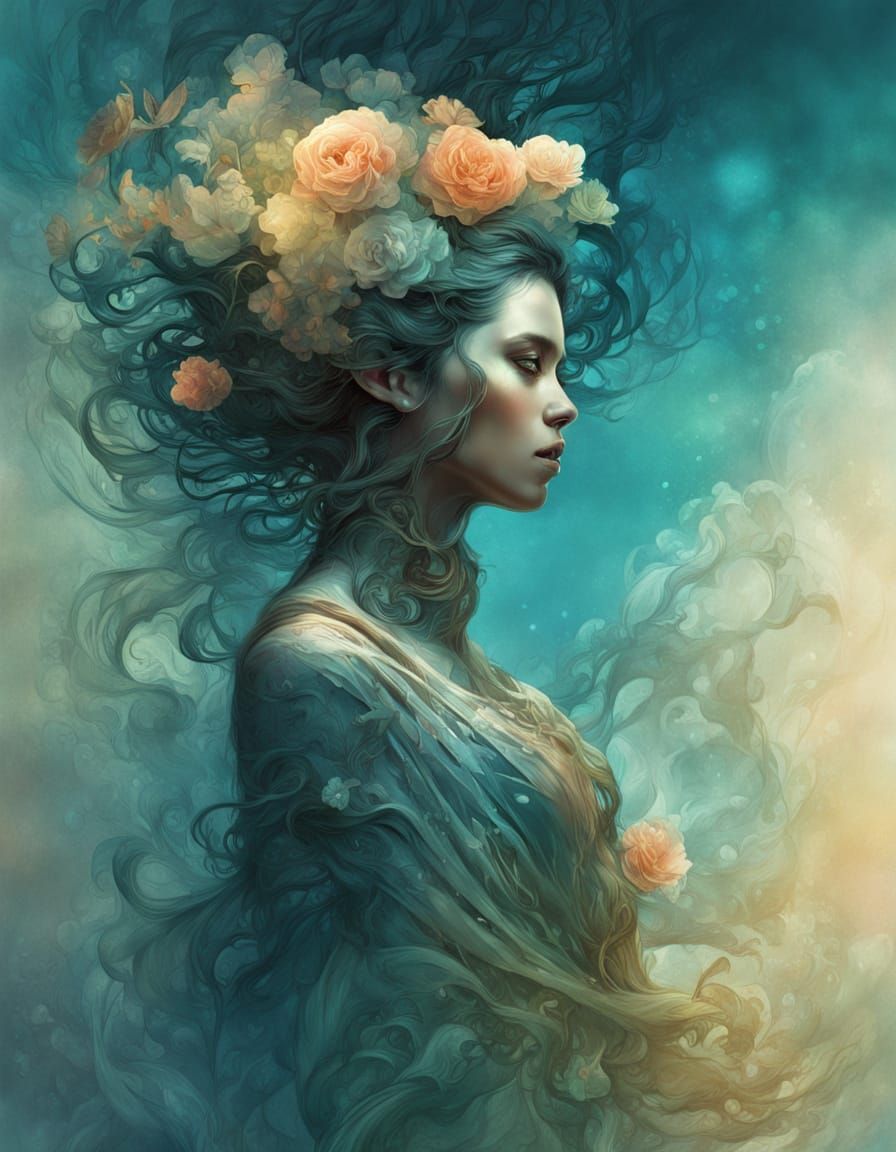 Pregnant Woman in Flowing Dress Under Shimmering Sky