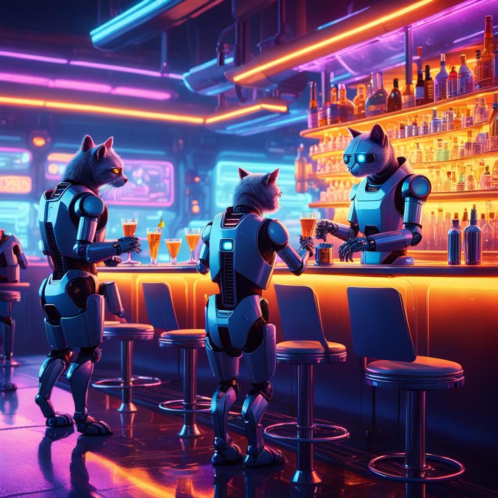Robots in a Futuristic Bar Scene, Fantasy Concept Art