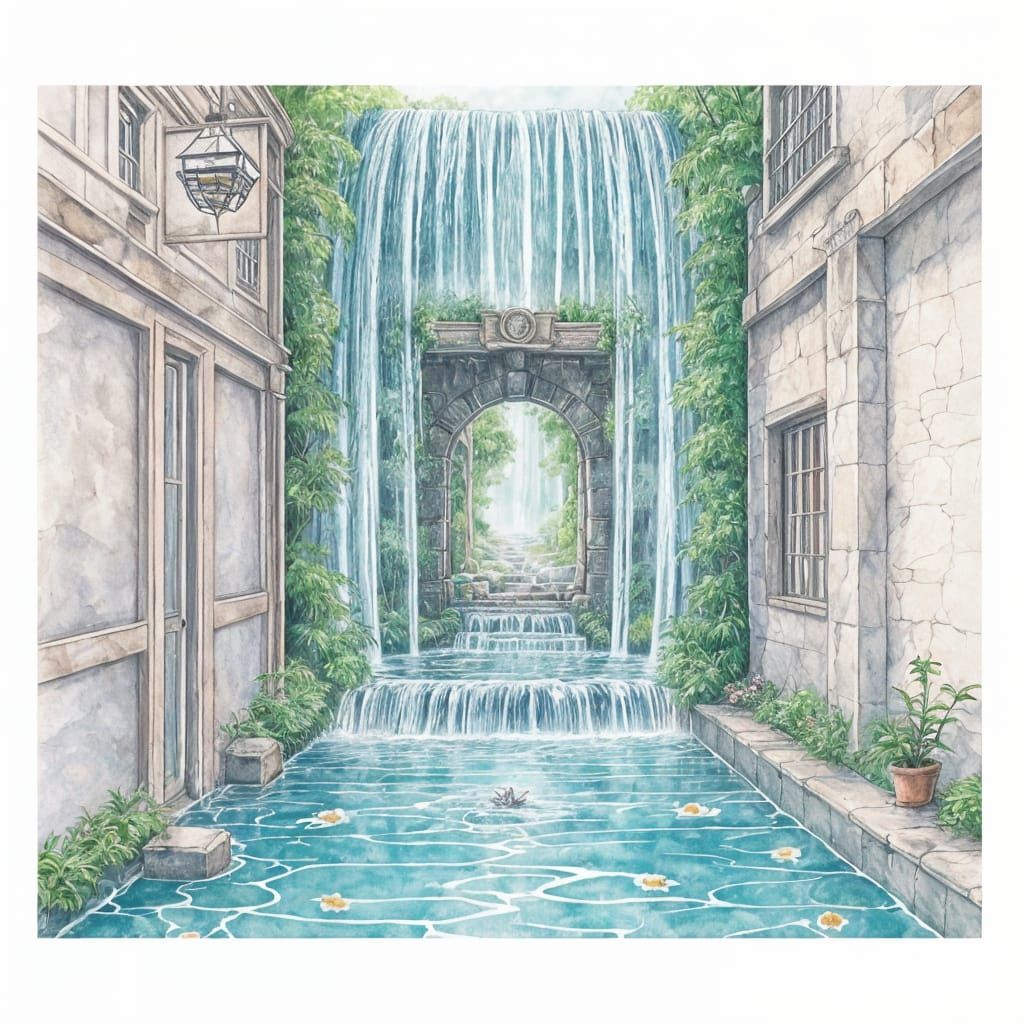 Mystical Waterfall Alleyway Tavern Entrance