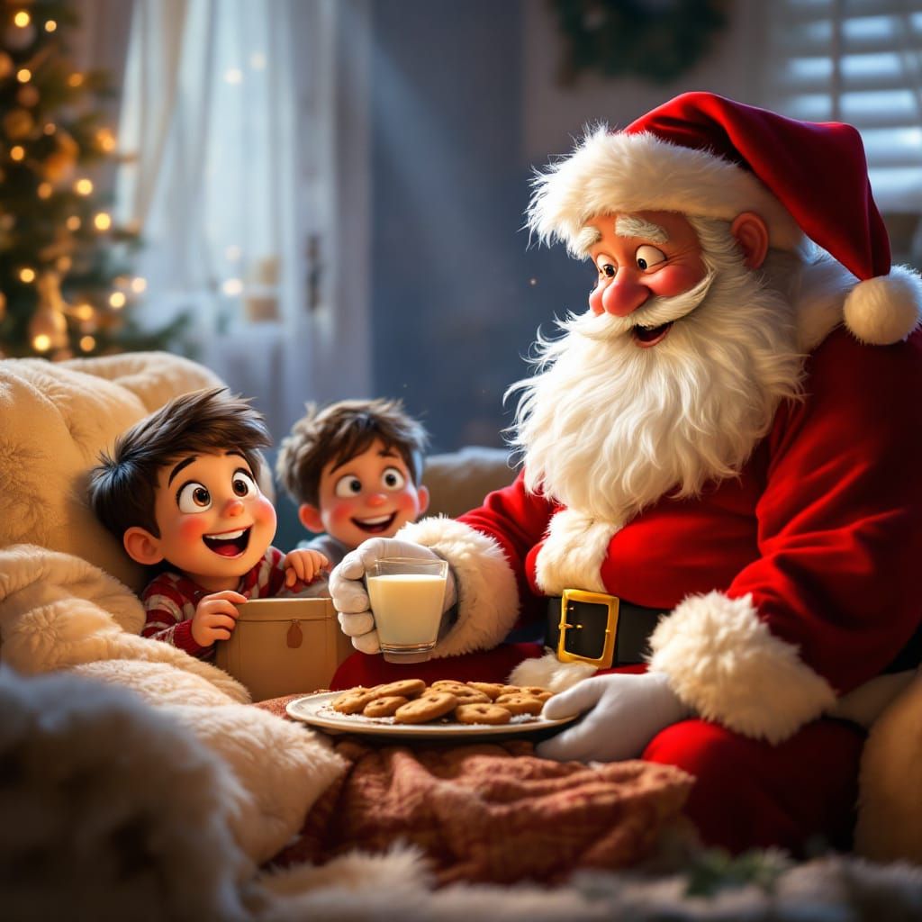 Children Watch Santa in Disney Pixar Style