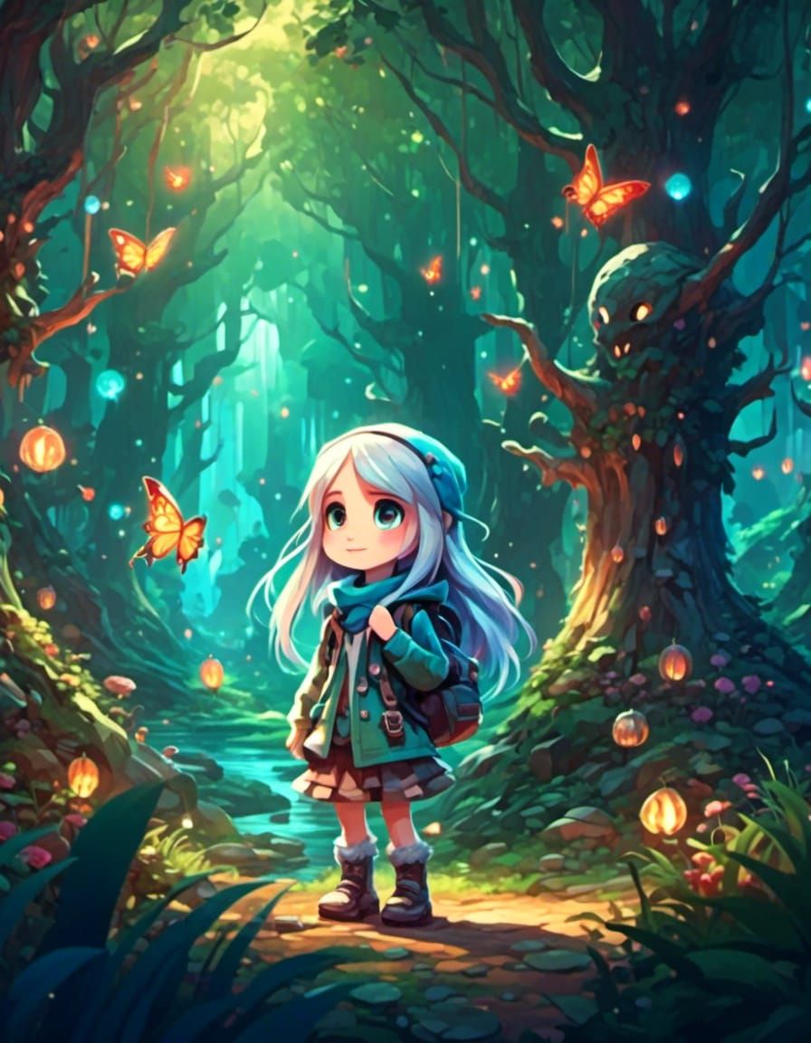Chibi Girl Explores Mystical Forest