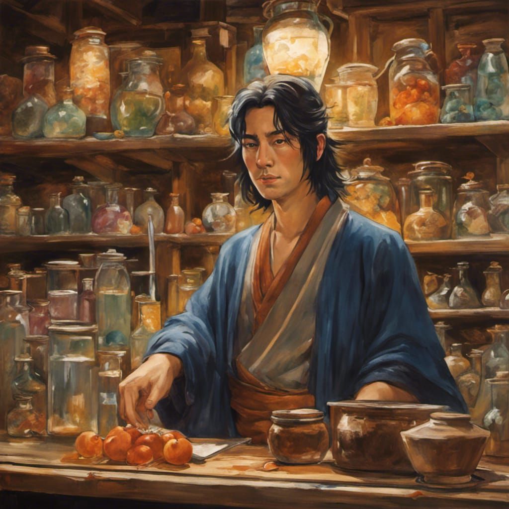 Fantasy Apothecary Man in Studio Ghibli Watercolor