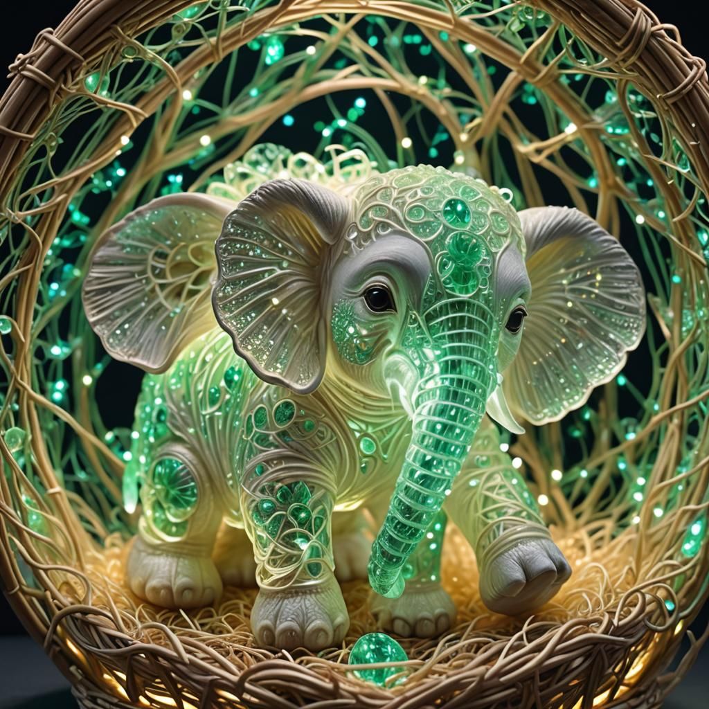 Glowing Emerald Sculpture of a Baby Elephant