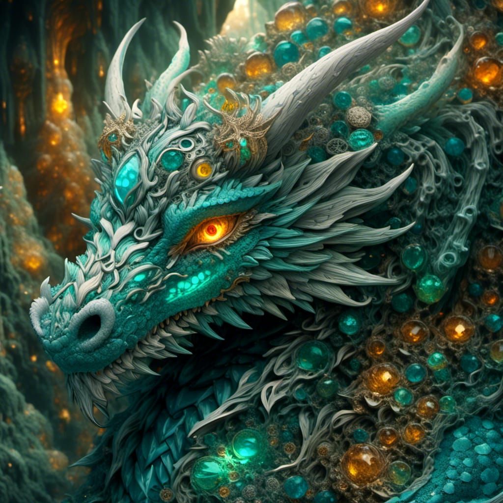 Detailed Dragon on Mossy Rocks with Fractal Patterns
