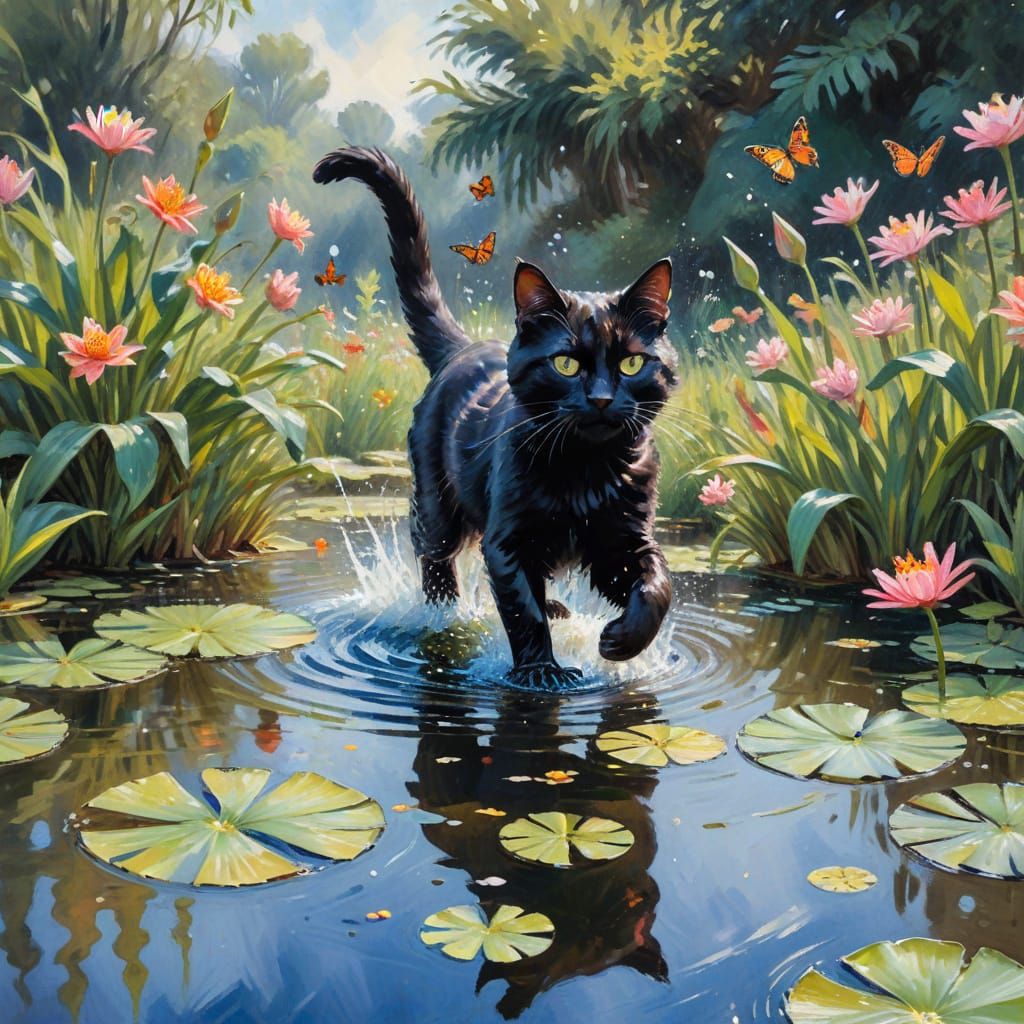 Lily Pond Black Cat in Impressionist Gouache Style