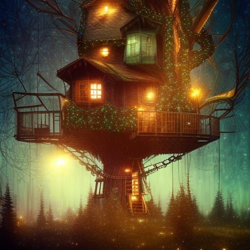 Enchanted Christmas Treehouse: Digital Illustration