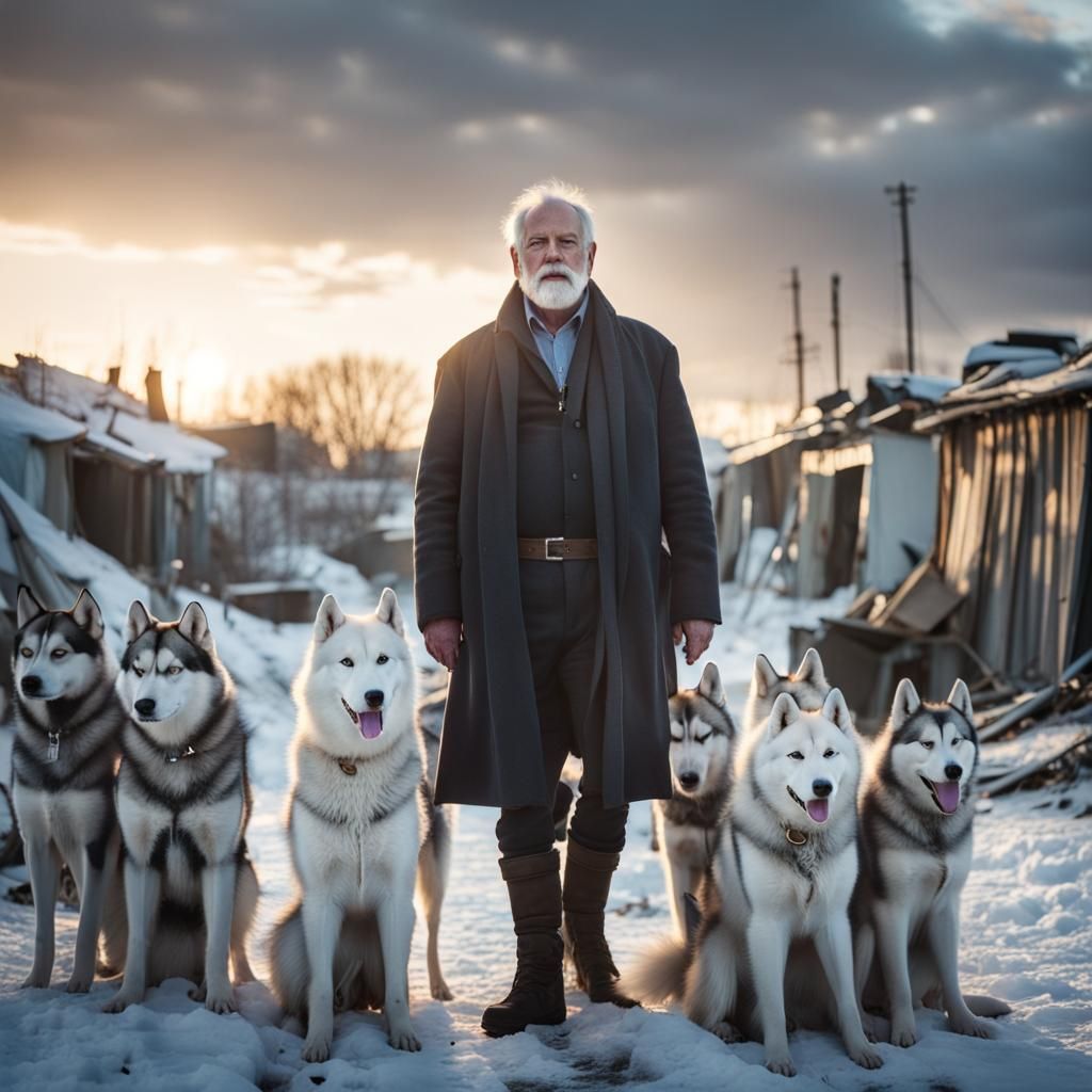 Sad Man with Huskies in Ruined Town at Dusk