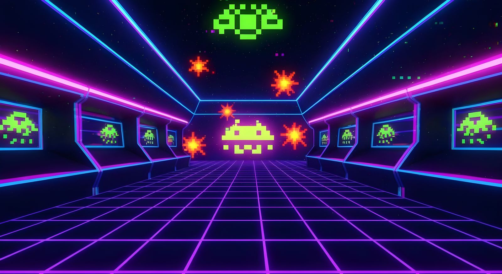 Glitched 8-Bit Space Invaders in Synthwave Style