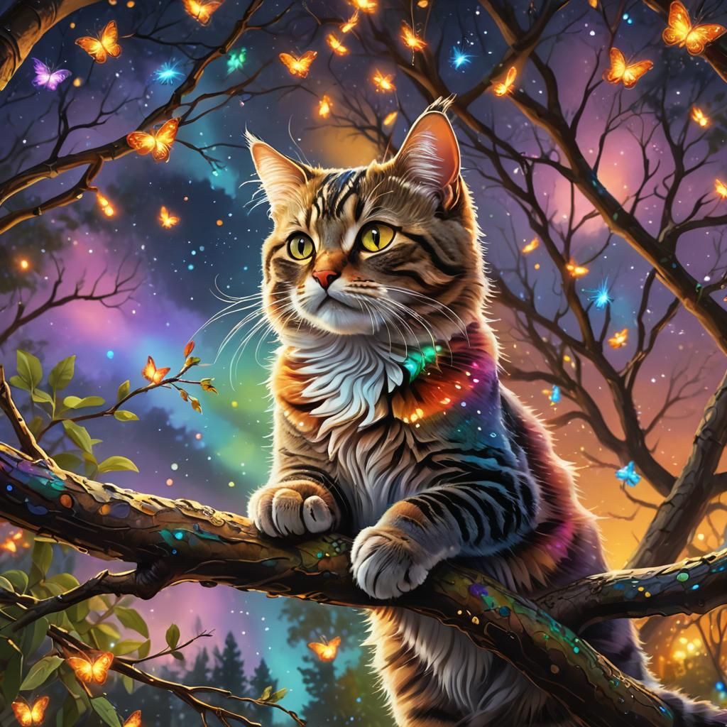 Cat Watching Rainbow Fireflies in Magical Forest