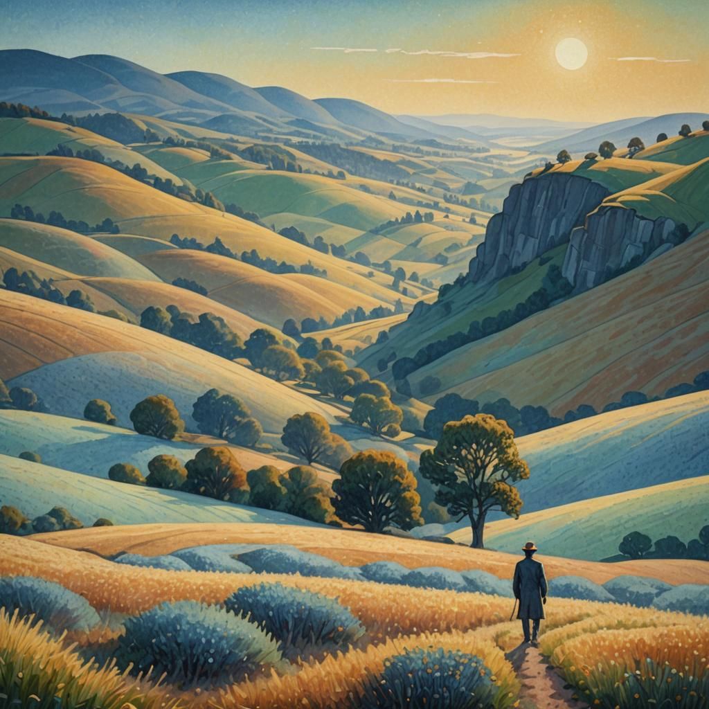 Pointillist Landscape with Romantic Golden Light