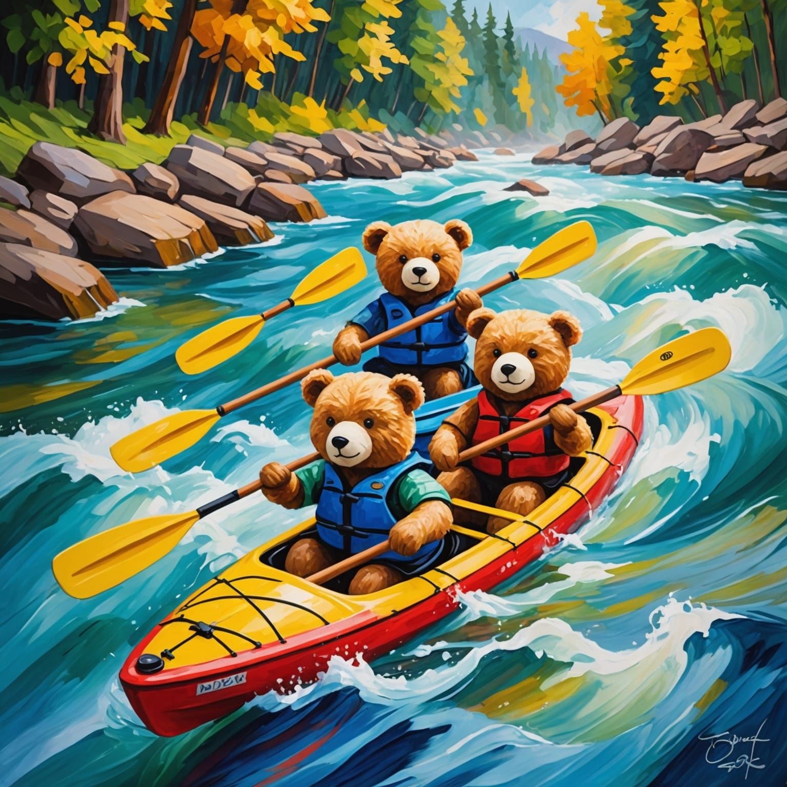 Teddy Bears Kayaking in Neo-Impressionist Style
