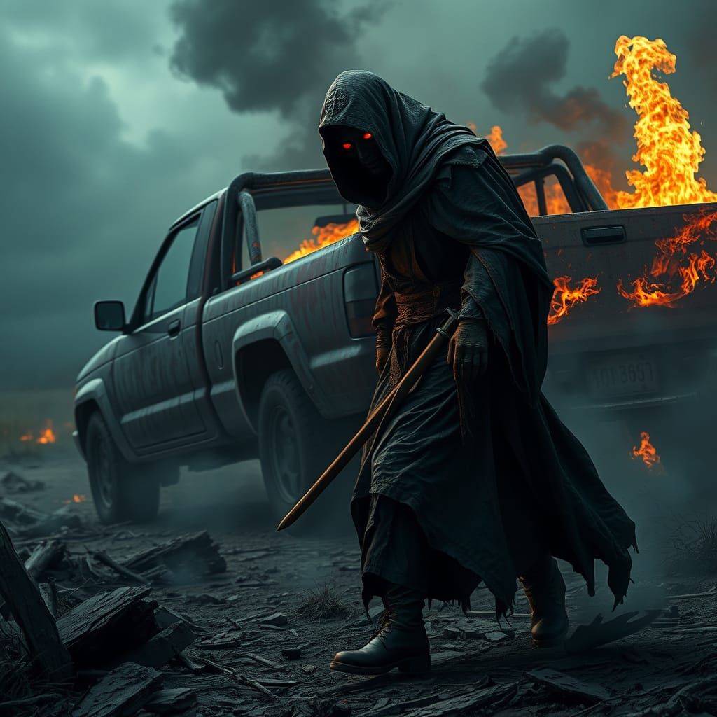 Fallen Priest Stalked by Hell Truck in Dark Fantasy Art