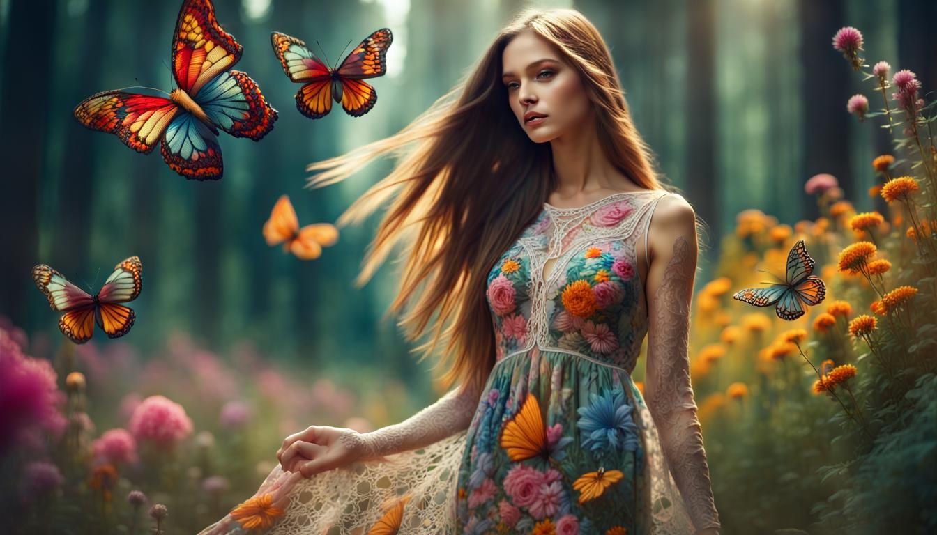 Woman in Embroidered Lace Dress, Surreal Motion