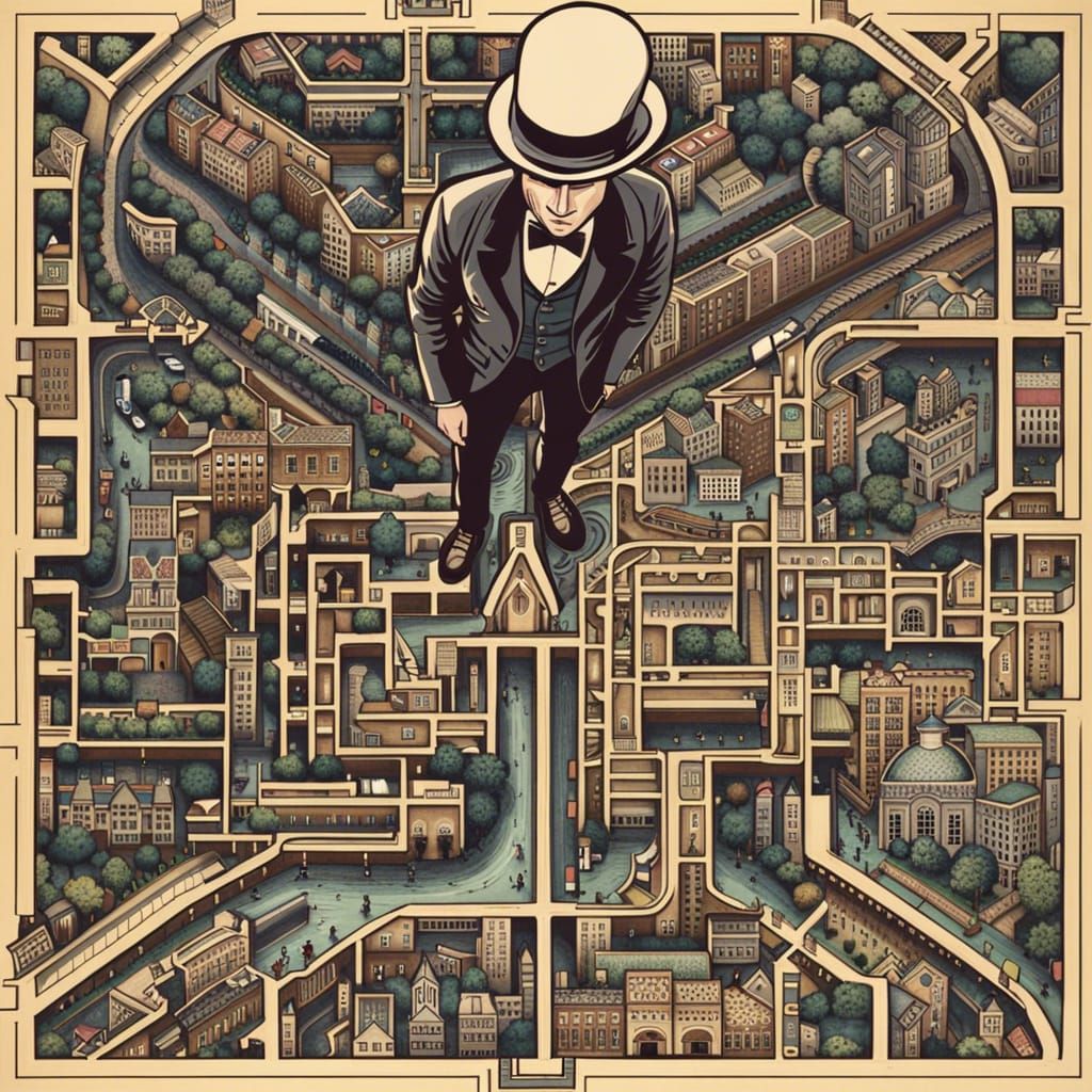 Man Lost in Detailed Urban Maze, Top-Down View
